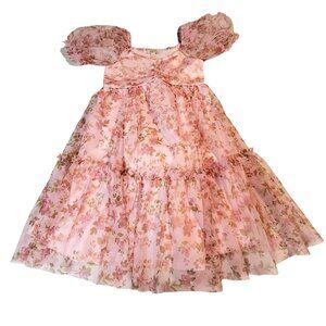 ZENZI Girls Pink Floral Puff Sleeve Dress  Tiered design for added volume XS 4/5